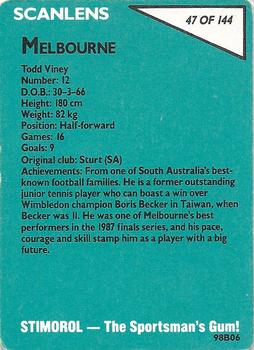 1988 Scanlens VFL #47 Todd Viney Back